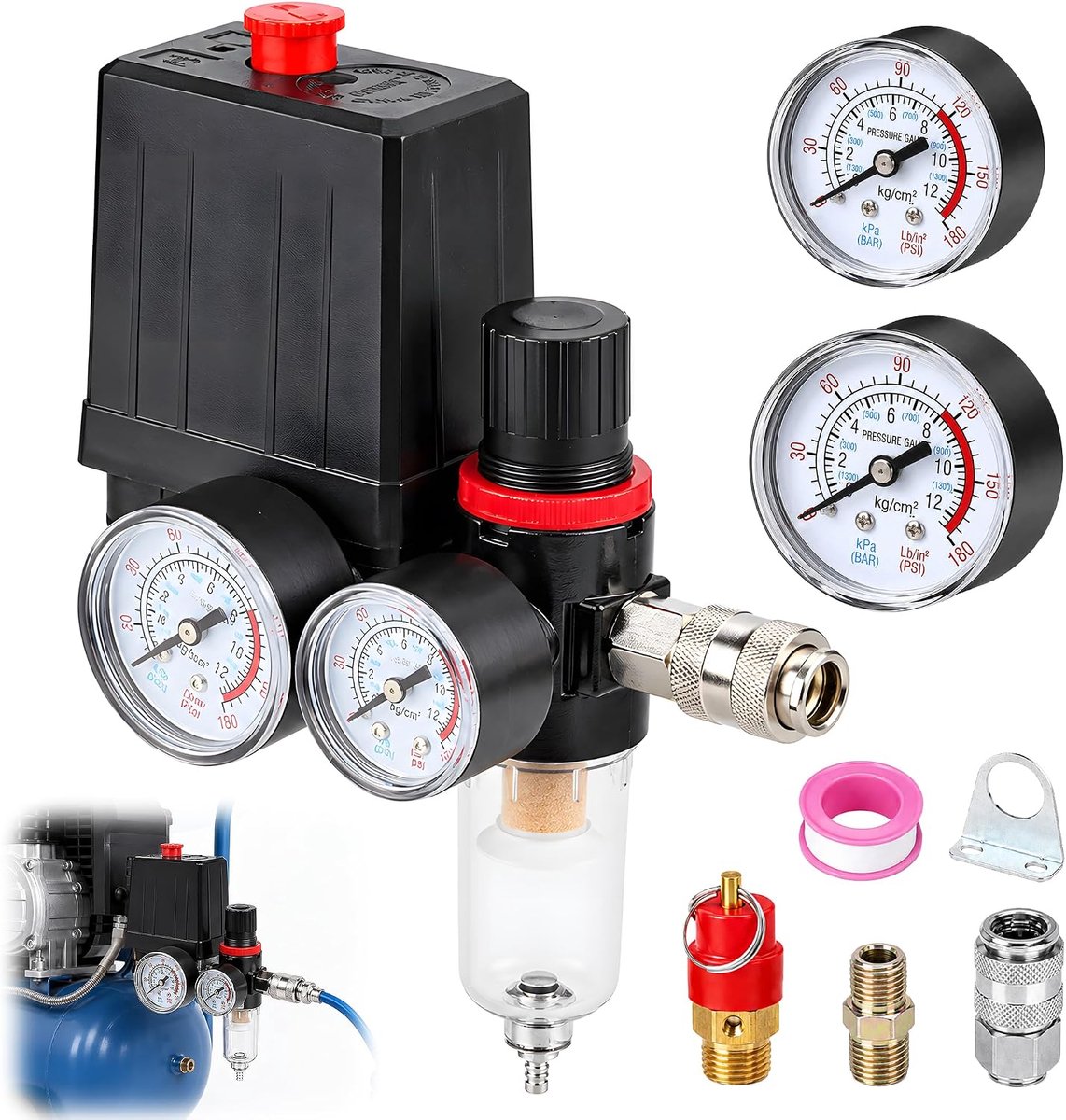 Drukschakelaar luchtcompressor 240 V - 1/4 inch aansluiting - met drukregelaar en manometers - veilig en efficiënt - ShopVlot