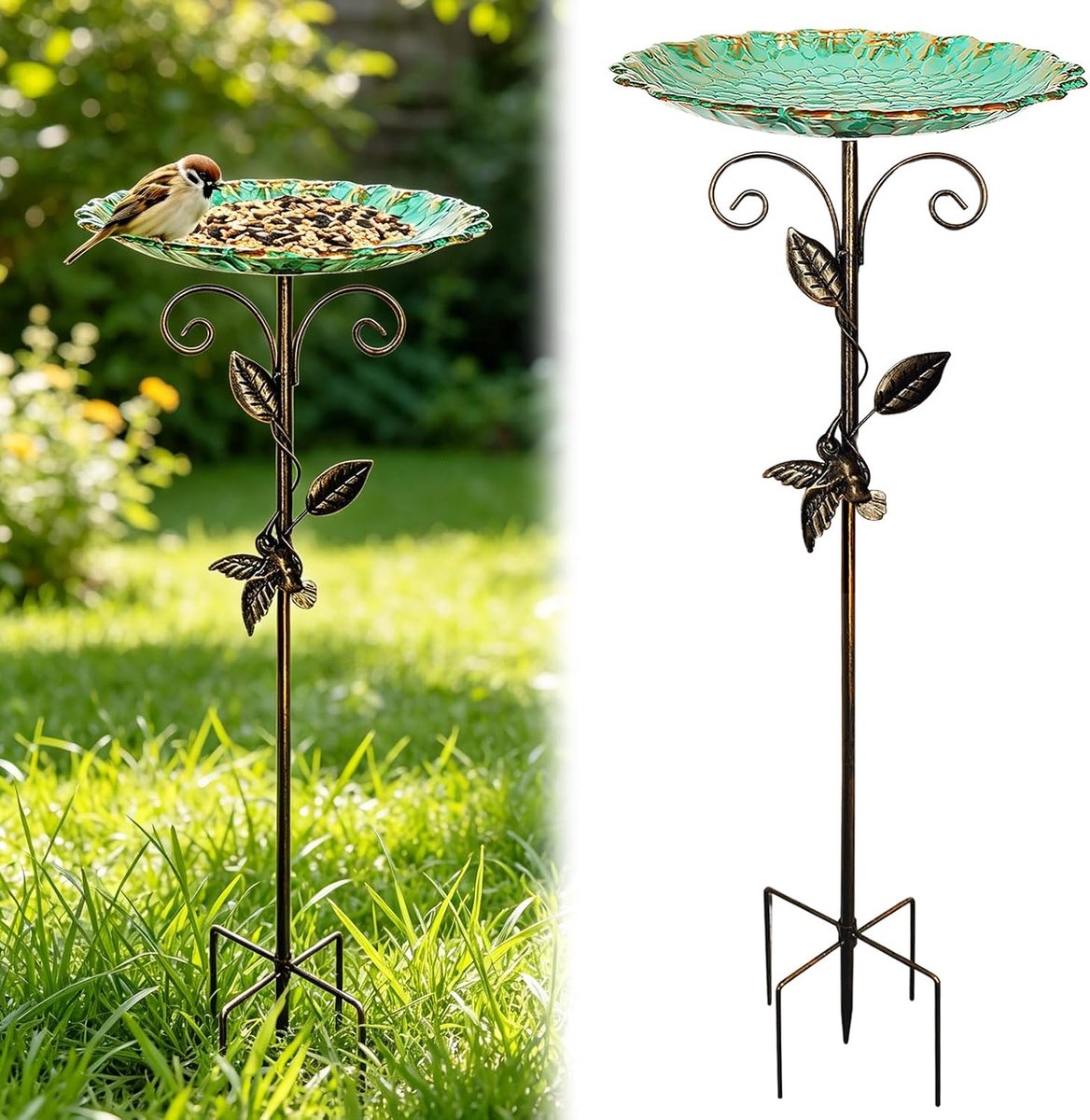 Vogelbad staand - vintage metaal - decoratief ontwerp - ideaal voor vogels en bijen - ShopVlot
