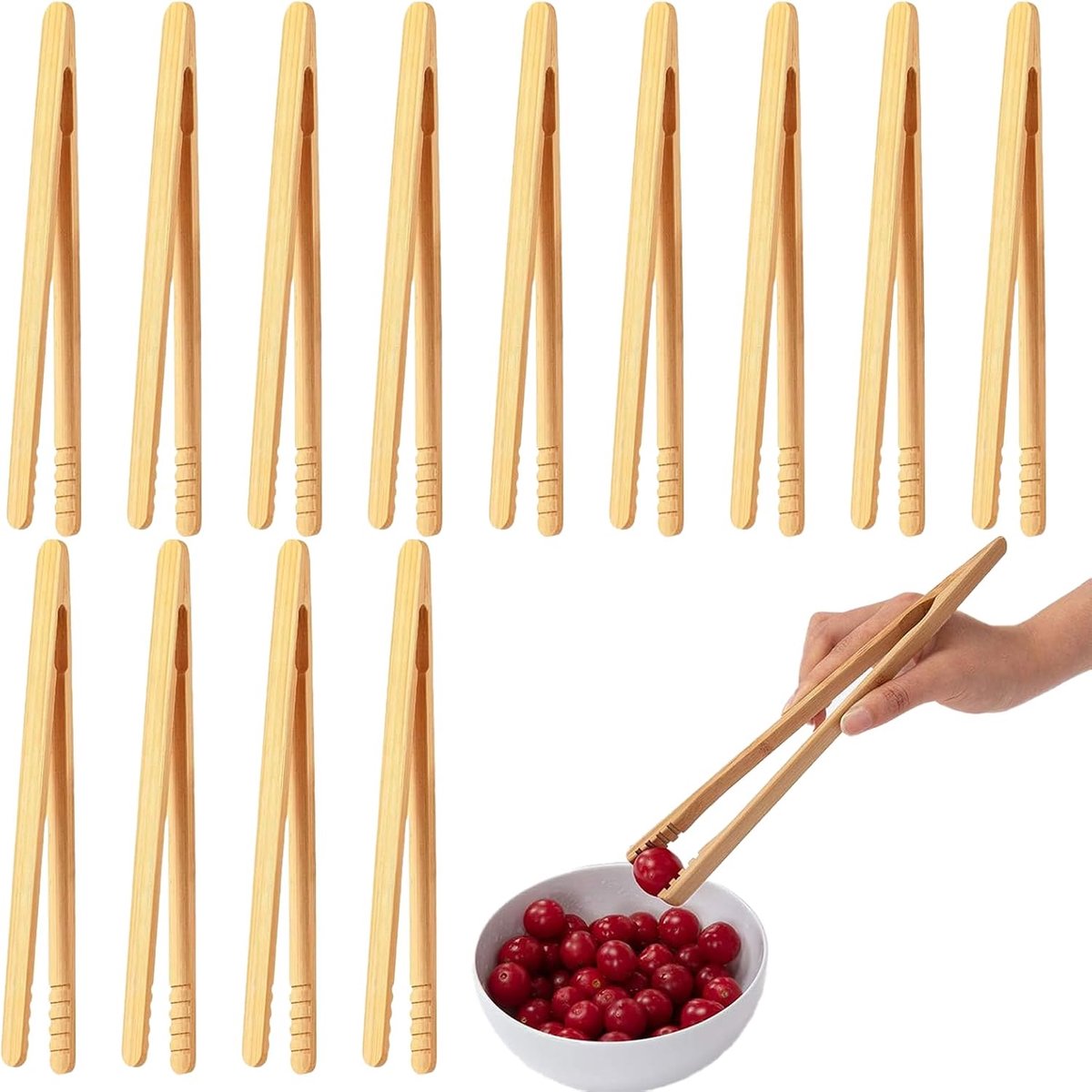 12 stuks broodroostertang van bamboe, 17,8 cm, houten broodklemmen, keukenklemmen, bestand tegen hoge temperaturen, antislip en veerkrachtige structuur voor bakken, brood, thee, fruit