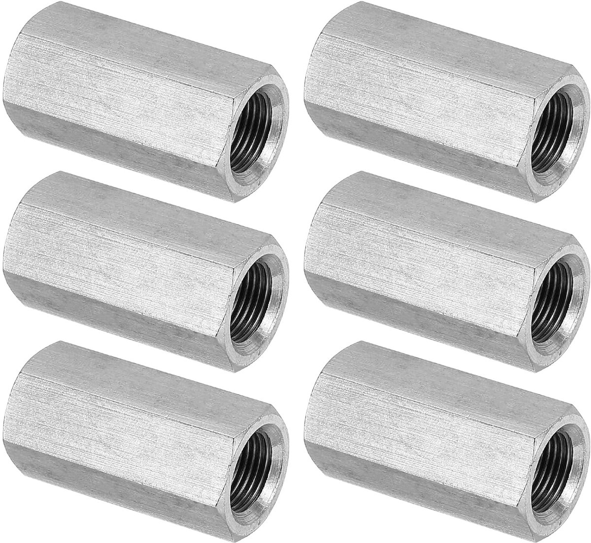 M12 x 1-pitch lange zeskantmoeren van roestvrij staal 304, 6 stuks, 35 mm L lange staafmoeren, aansluiting voor draadstang, zilverkleurig