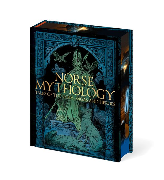 Livre intitulé 'Norse Mythology', avec un design bleu et or mettant en scène des figures et animaux mythologiques.
