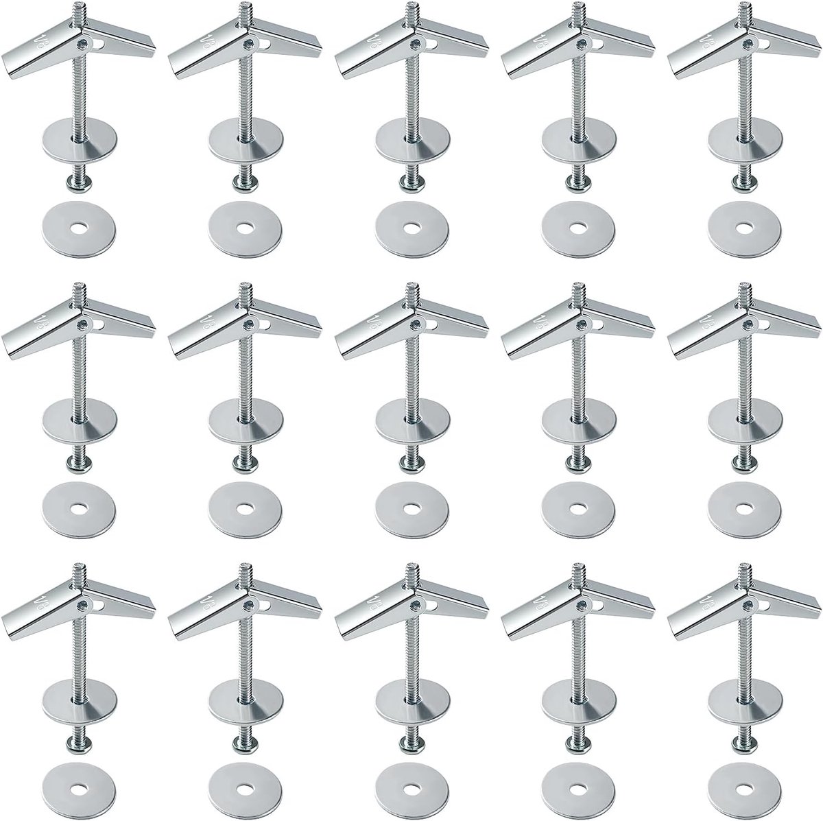 Sets 1/8 Inch Spring Toggle Fixings, Wing Spring Toggle Bolt, Toggle Bolt en Wing Nut Assortiment Kit, met Ringen, voor Gipsplaat, Spouwmuur, Vezelplaat