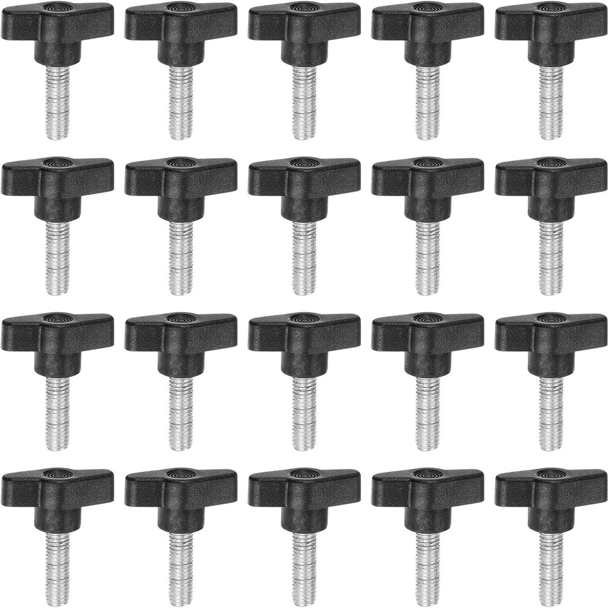 20 stuks vleugelgrepen, M8 x 25 mm, buitendraad, T-handgrepen, kunststof, schroefdraadgrepen, handvastdraaien, schroeven, gekartelde kop, schroef, gekartelde kop, zwart