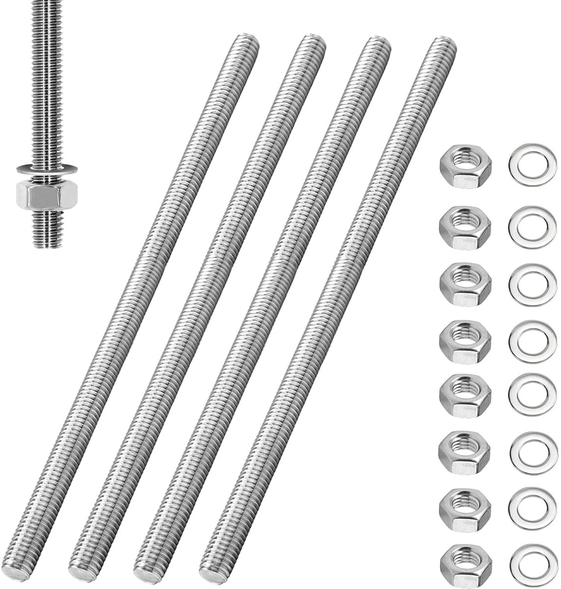 4 stuks schroefdraadstang M8 x 300 mm met 8 zeskantmoeren en 8 sluitringen, schroefdraadstangen roestvrij staal schroefdraadstang schroefdraadstaven voor meubelbouw machinaal montage