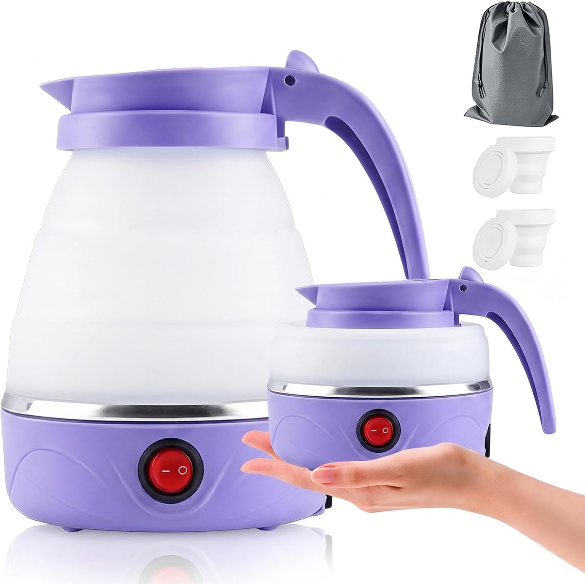 waterkoker 0,6L, 750W reiswaterkoker met roestvrijstalen bodem, siliconen camping theeketel met automatische uitschakeling, draagbaar voor outdoor wandelen, meerkleurig (paars)