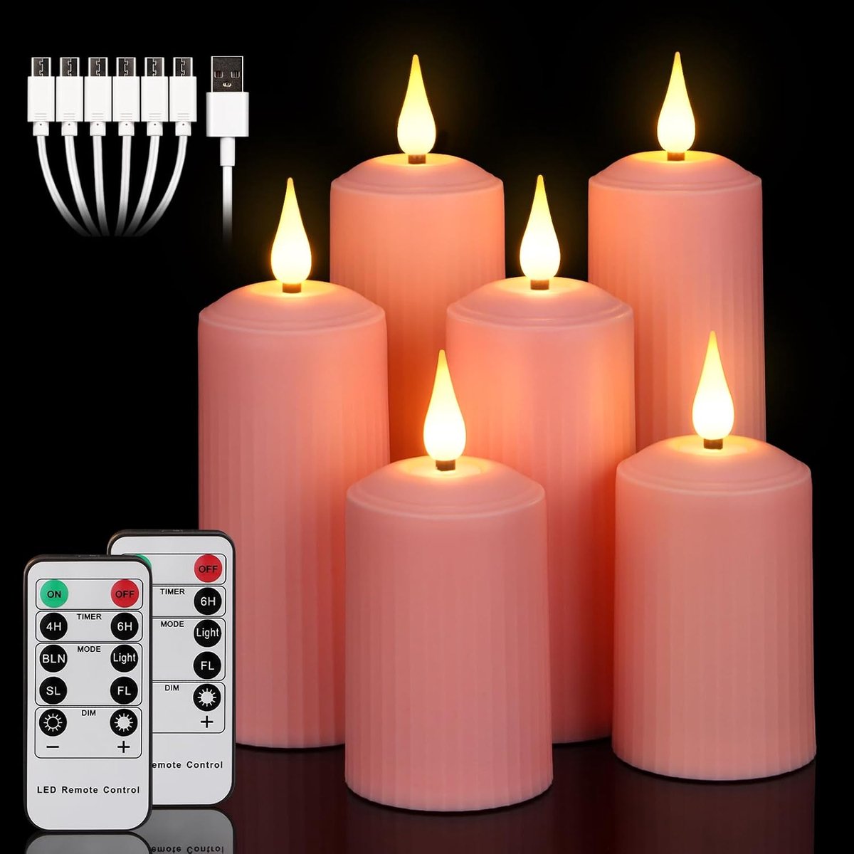 Yunsheng Oplaadbare led-kaarsen met afstandsbediening met 10 toetsen, outdoor, waterdichte vlamloze kaarsen met 6/8-uurs timer, Romeinse stompkaars in set van 6 (5,1 x 10,5/14/16,5 cm), roze, type C