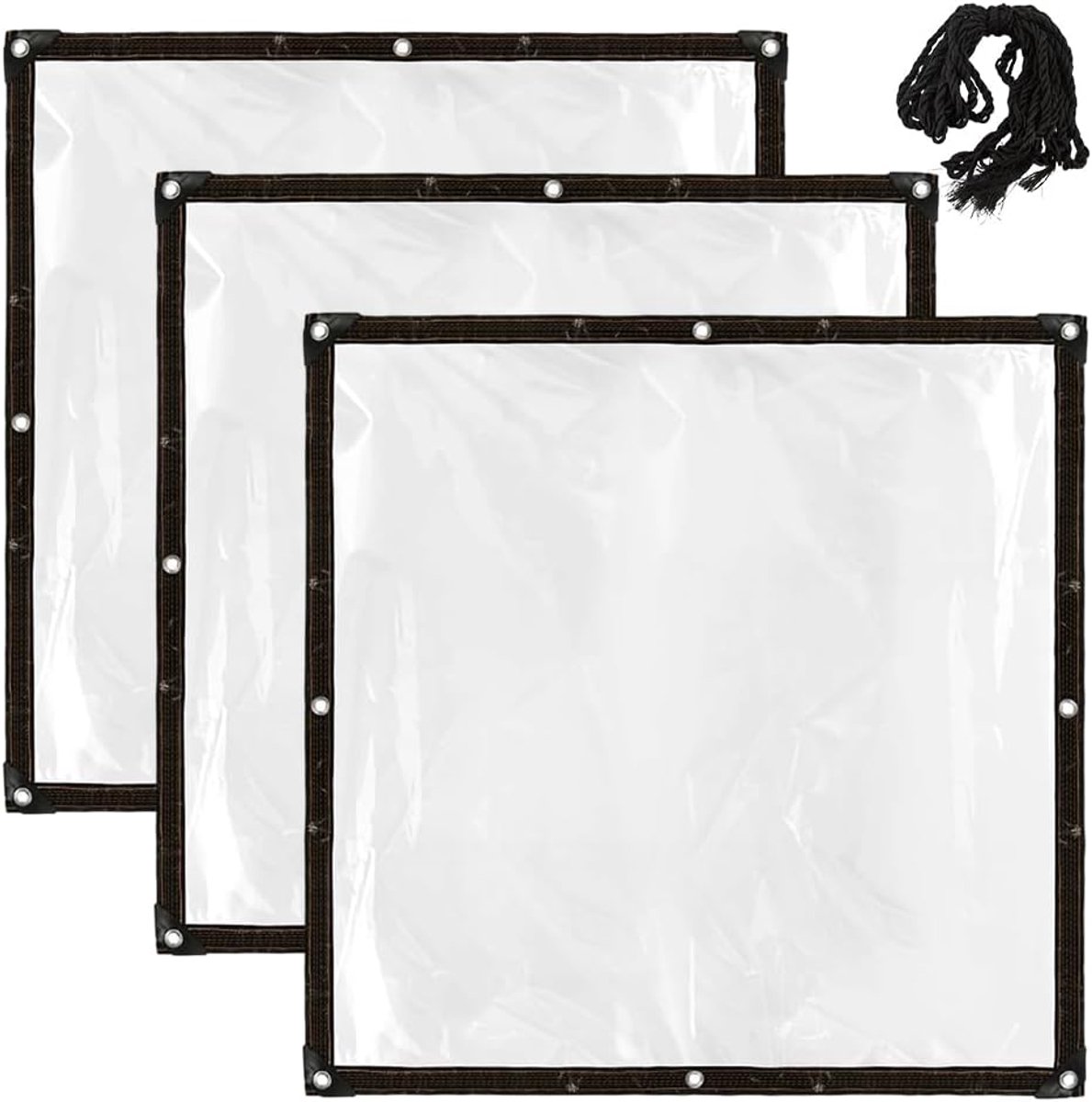 3 stuks transparant PE-zeil, waterdicht, met oogjes, van kunststof, regenzeil, licht, vierkant, 3,28 x 3,28 m, voor plantenbescherming, balkon, terras