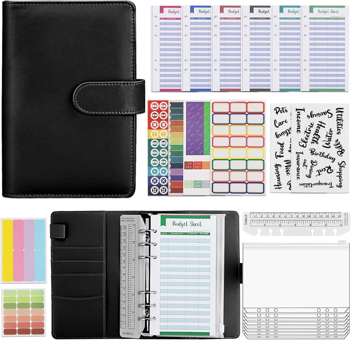 Ringbandmap - 30 stuks geldmap met ritssluiting enveloppen en labels - Ideaal voor budgetplanner en kasorganizer voor thuis en werk (Zwart)