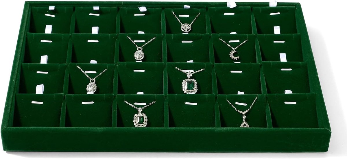 Vintage groen fluweel 24 compartimenten dienblad sieraden dienblad, ketting opslag, ketting armband (beweegbaar)