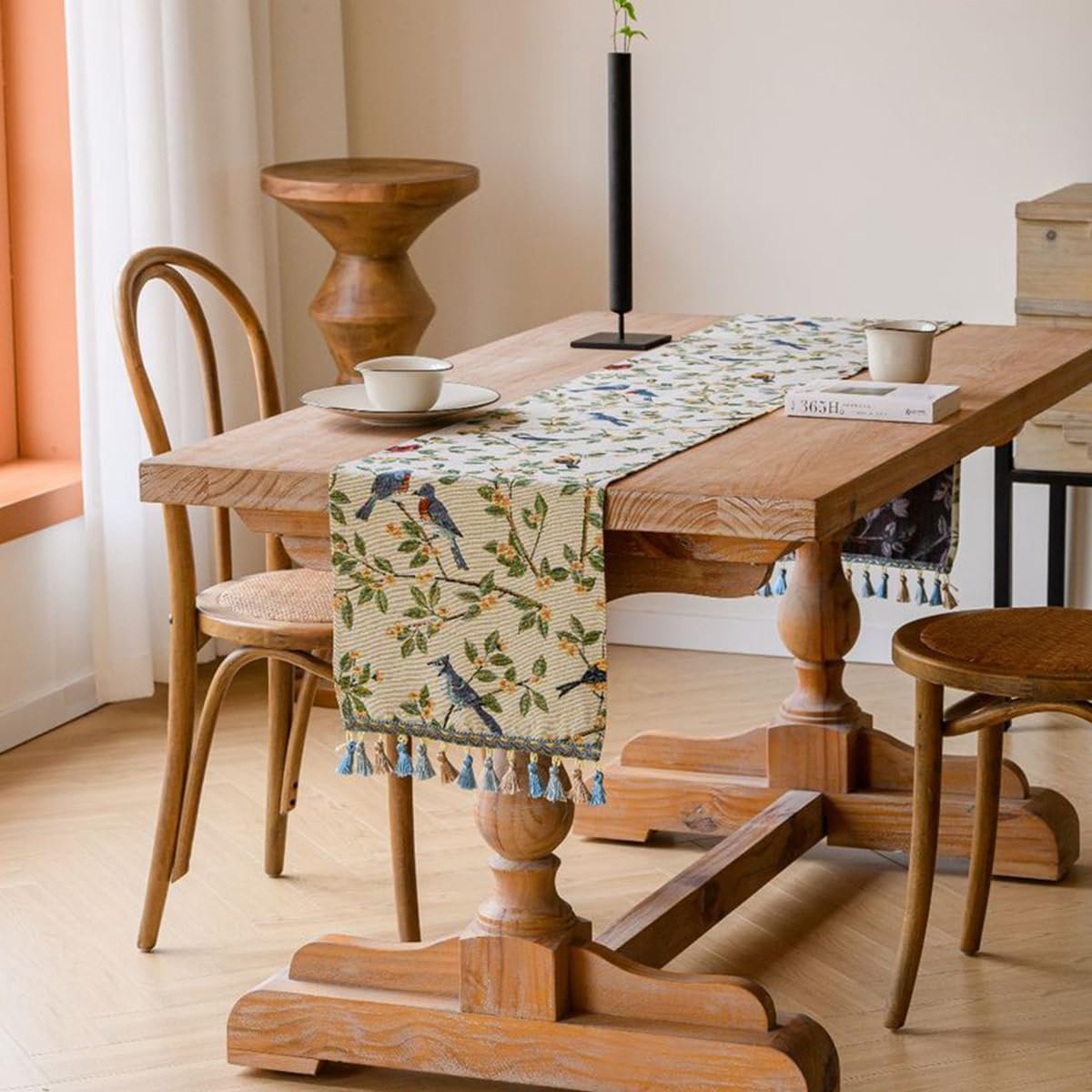 Tafelloper Vintage Landhuisstijl Linnen Boho Tafel Decoratie Lente Jacquard Groen Vogels Bladeren Katoen Tafelloper met Kwastjes Tafelkleed voor Bruiloft Buiten 33 x 120 cm