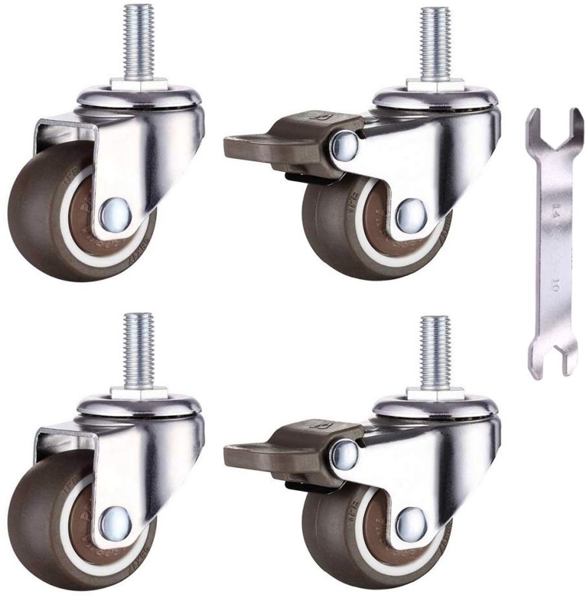 4 stuks zwenkwielen voor meubels M6x15mm met schroefdraad 32mm zacht rubber TPE schroefdraad mini wielen meubelwielen (2 stuks met rem）