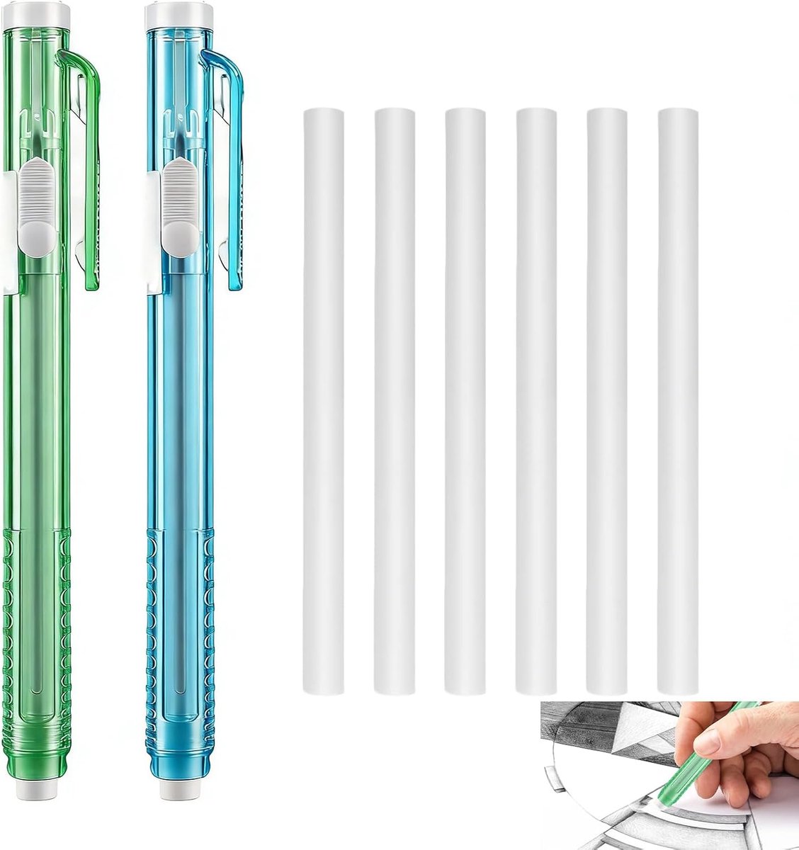 2 stuks mechanische intrekbare gum met 6 navulverpakkingen, precisiegum voor tekenen, schrijven en schetsen, klikgum voor studenten, kunstenaars en kantoor, blauw en groen
