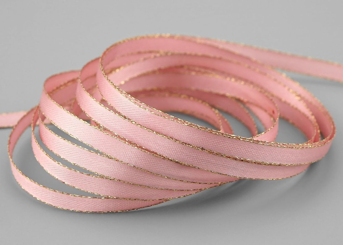 50 m x 6 mm satijn roze met gouden randen decoratielint lurex lint winter decoratie Kerstmis advent glans cadeaulint decoreren knutselen