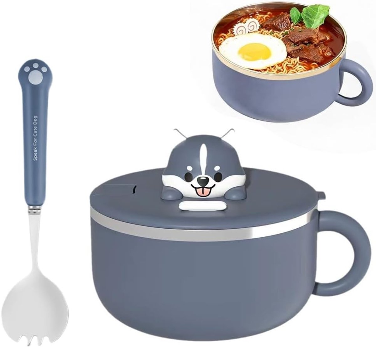 instant, instant ramenkom, instant noedelkom met handgrepen & deksel en vork, raampom, warmte-isolerend, dubbel geïsoleerde verzegelde pastaschaal, voor noedels, bento (grijs)