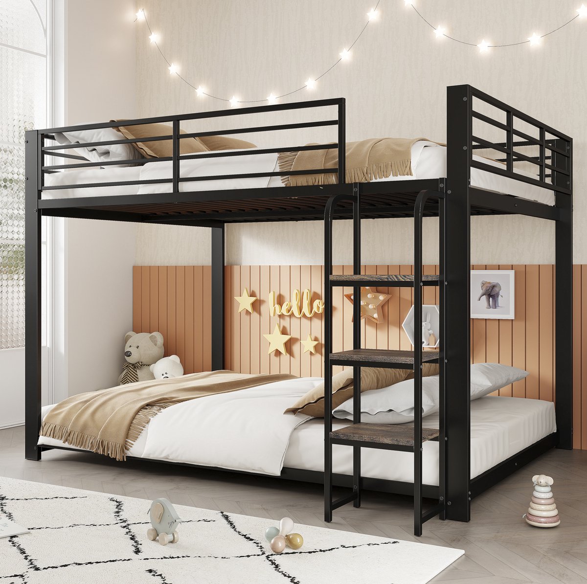MIVRAY Stapelbed 140x200cm - Metalen Kinderbed Met Houten Traptreden En Veiligheidshekken - Ruimtebesparend Voor Kinderkamer - Zwart