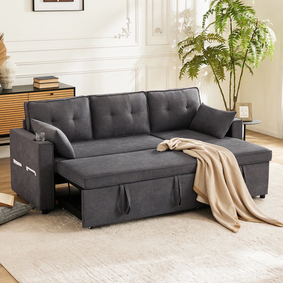 MEUNIQ L-vormige slaapbank met slaapfunctie, omkeerbare chaise longue, opbergruimte en drankhouders, 3-zits, grijs, voor woonkamer