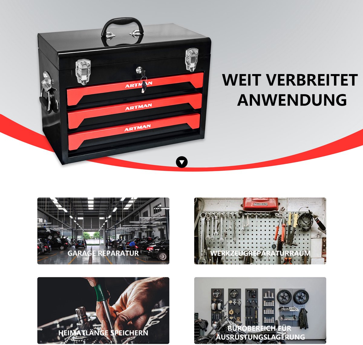 Gereedschapskoffer Met 3 Lades – Compact En Draagbaar – 50 X 27 X 35 Cm – Staal – Zwart En Rood – Voor Netjes Gereedschap Opbergen