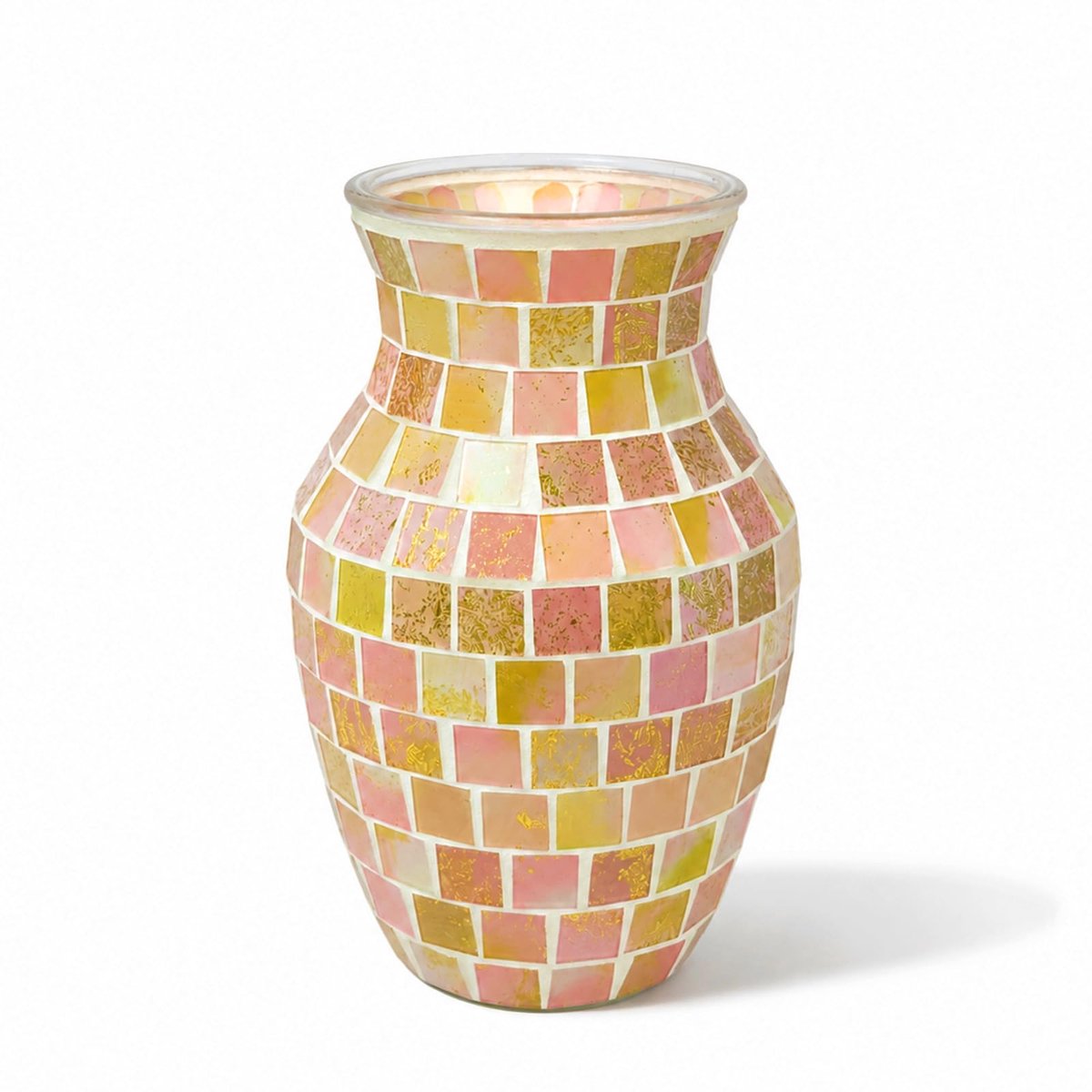 Mozaïek glazen vaas 20 cm - lichtroze marmer - decoratieve bloemenvaas - perfect voor elk interieur - ShopVlot