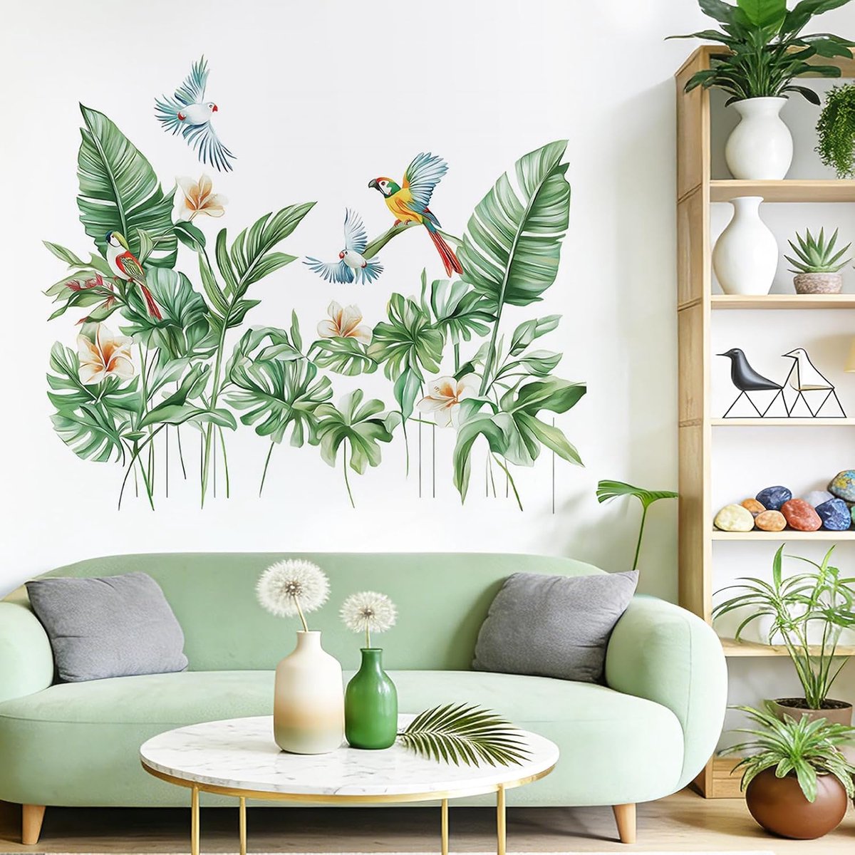 Wandstickers Tropische Palmbladeren - Verwijderbaar PVC - Kleurrijke Vogels en Bloemen - ShopVlot
