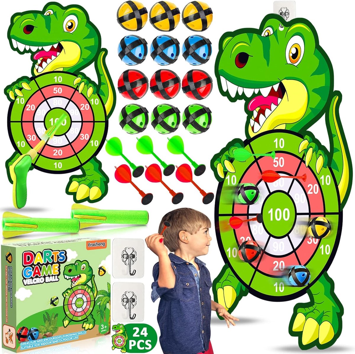 SnelShoppen - Kleurrijk 77 cm Dartbord met Dinosaurussen, 12 Kleefballen, Dartspel voor Kinderen van 3-9 Jaar, Binnen en Buiten, Gooi Spel Set met Spe