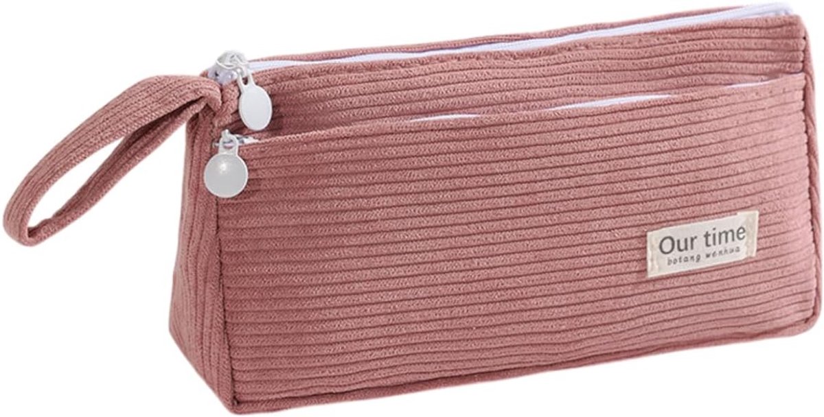 Thijox - Pennenetui Corduroy Groot Retro Roze met Ritssluiting - Draagbare Schooltas voor Schrijfwaren en Make-up - Uniseks Opbergtas voor School en K