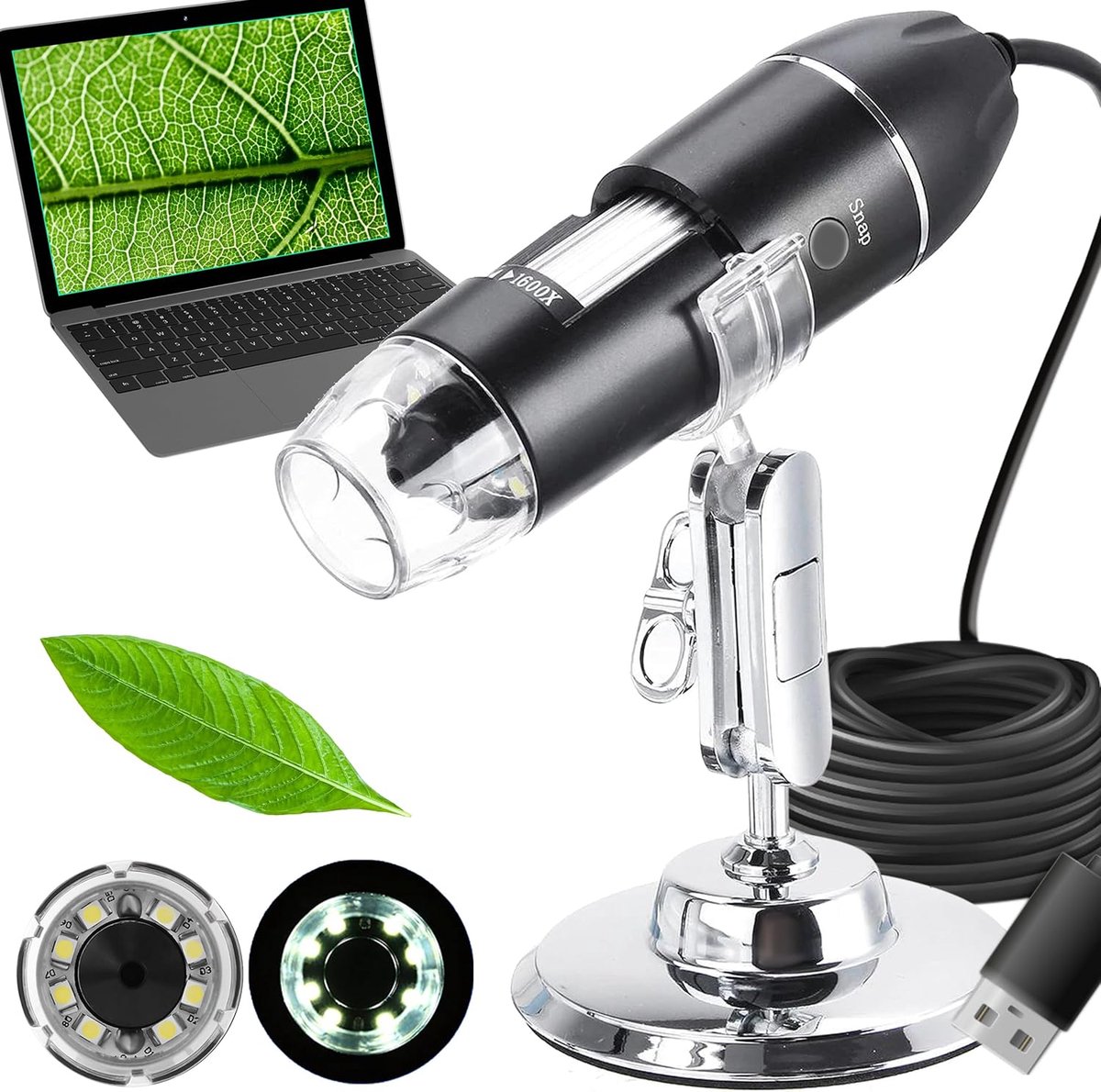 USB digitale microscoop 50x-1600x vergroting - 8 LED's - mini videocamera - ideaal voor gedetailleerde inspectie - SnelShoppen