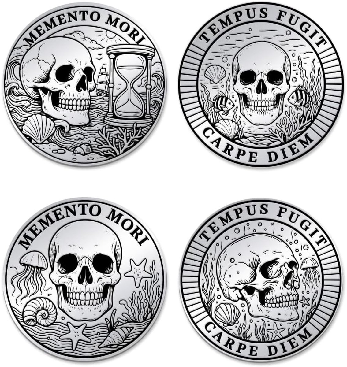 2 stuks 2 stijlen medaillon Memento Mori Tempus Fugit stoïsche uitdagingsmunt skelet onderzeeër stoïsche uitdagingsmunt stoïcisme cadeaus voor mannen vrouwen