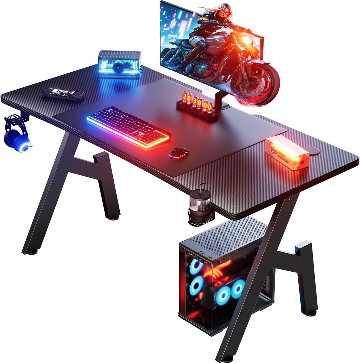 Gaming Bureau met Muismat, 120 x 60 cm, Koolstofvezel, Zwart | Gamingbureau Ergonomische, Krasbestendig voor Gaming, Thuiskantoor