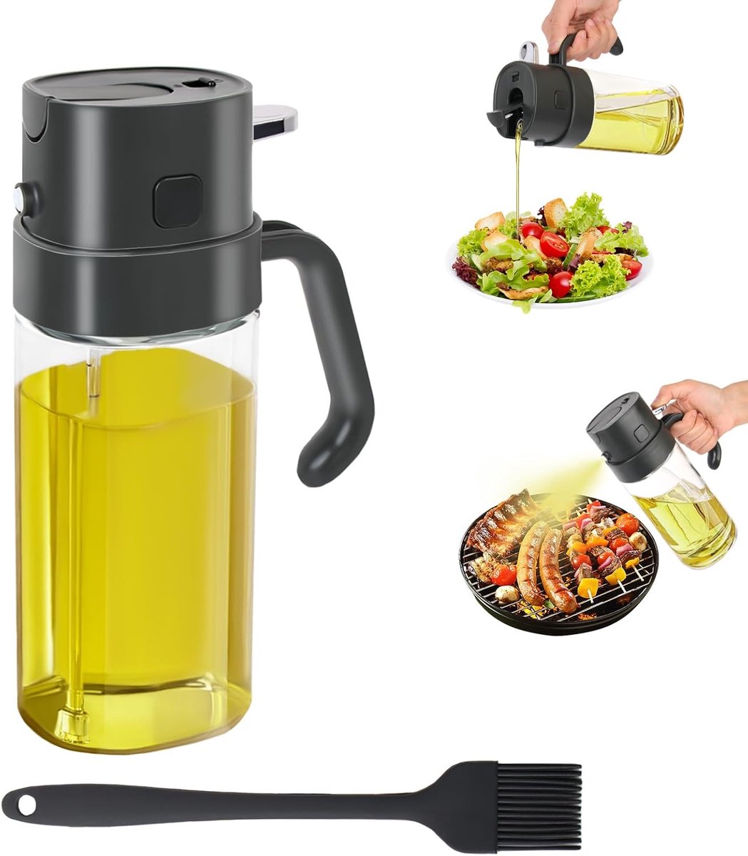 2-in-1 550 ml olie spuitfles, olie spray en giet fles, glazen olijfolie sproeier voor keuken koken, air friteuse, BBQ, salade, bakken (zwart)