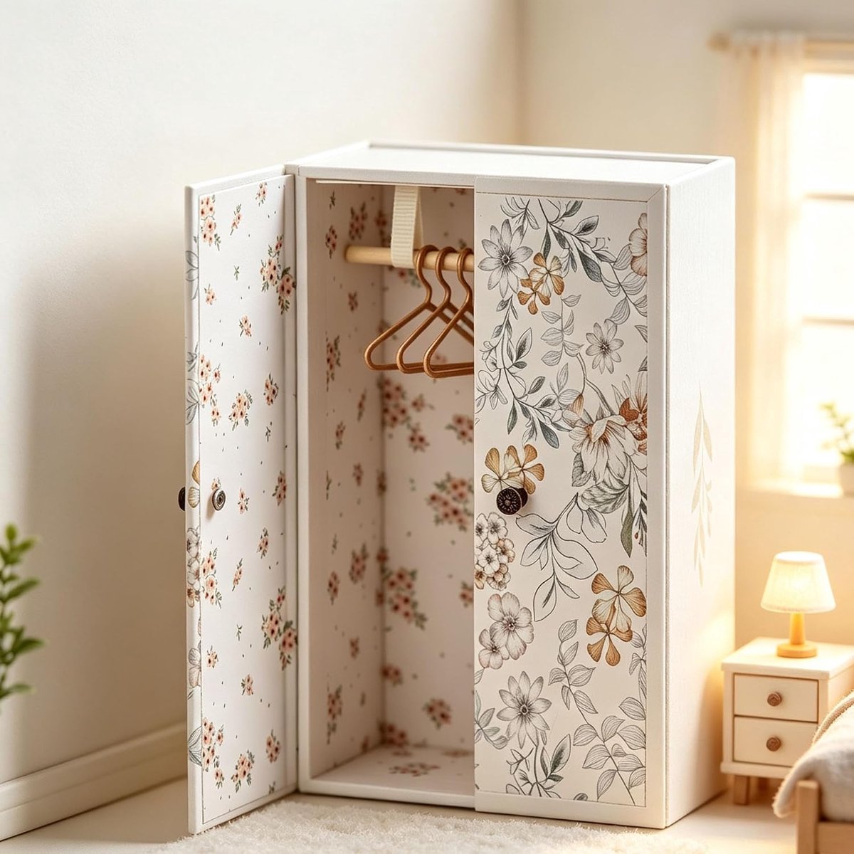 1/12 Poppenhuisgarderobe Kast, Miniatuur Witte Bloempatroon Garderobe met 3 Kledinghangers, Magnetische Dubbele Deuren Poppenhuiskast als Meubelaccessoire voor Slaapkamer en Woonkamer