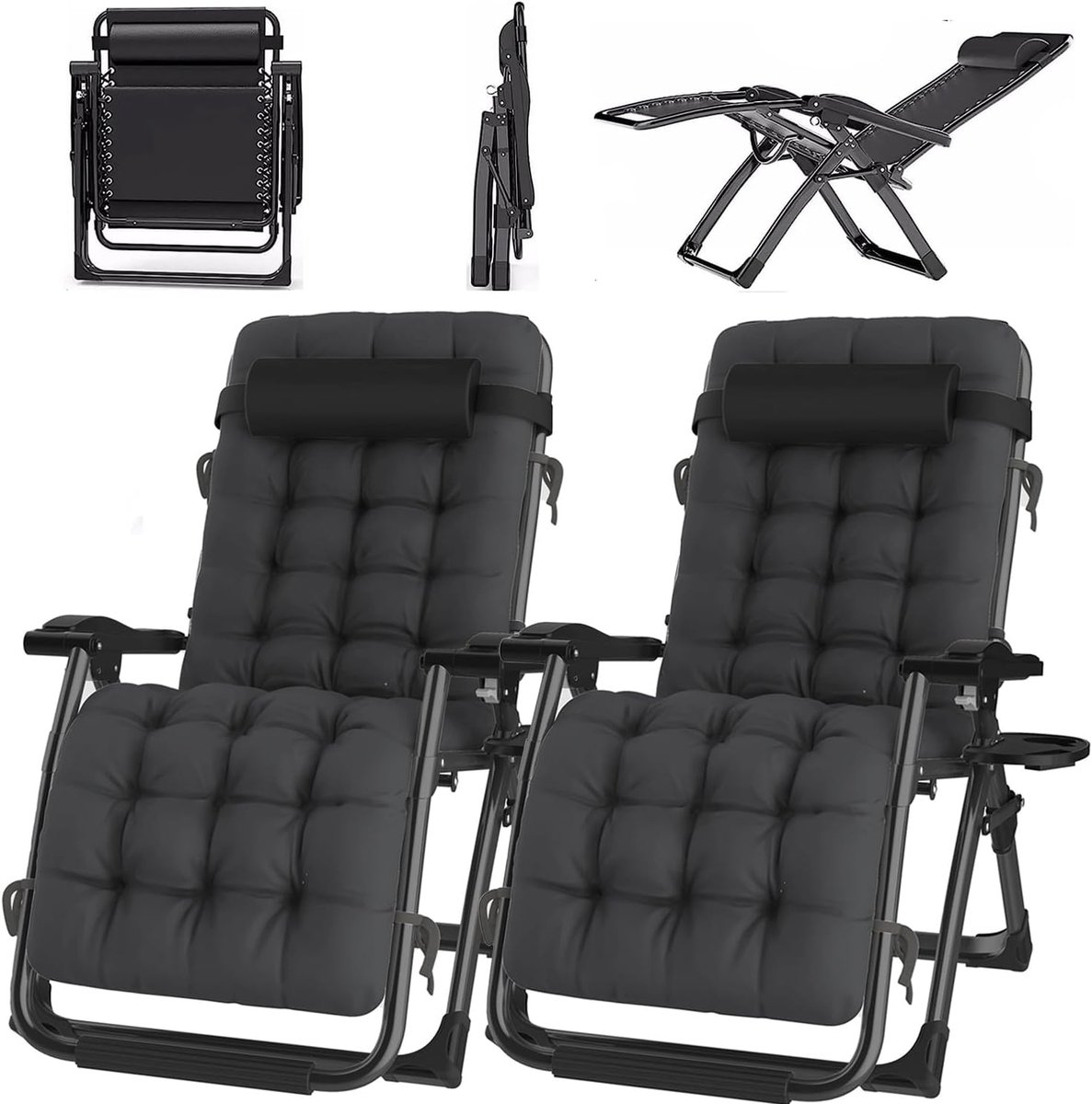 Opvouwbare tuinligstoel, zonder installatie, relaxstoel met kussen, met bekerhouder, ademend, voor binnen, tuin, campingstoelen (zwart, 72 cm)