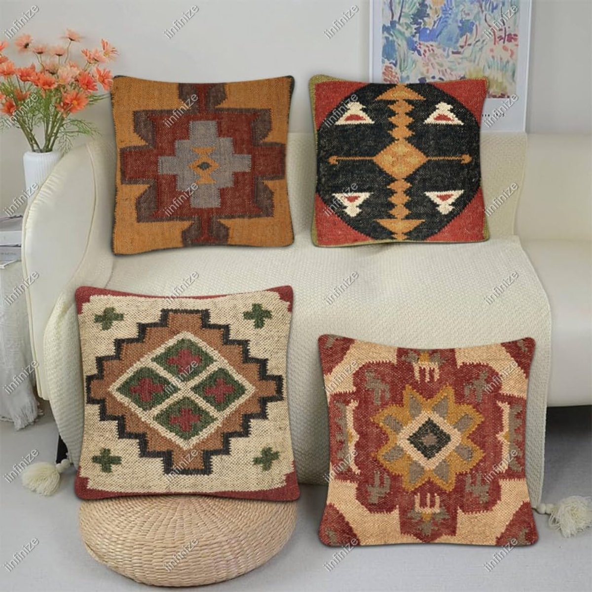 Kussenhoezen 45x45 cm - handgeweven wol-jute - vintage kelim ontwerp - sfeervolle toevoeging voor uw interieur - SnelShoppen