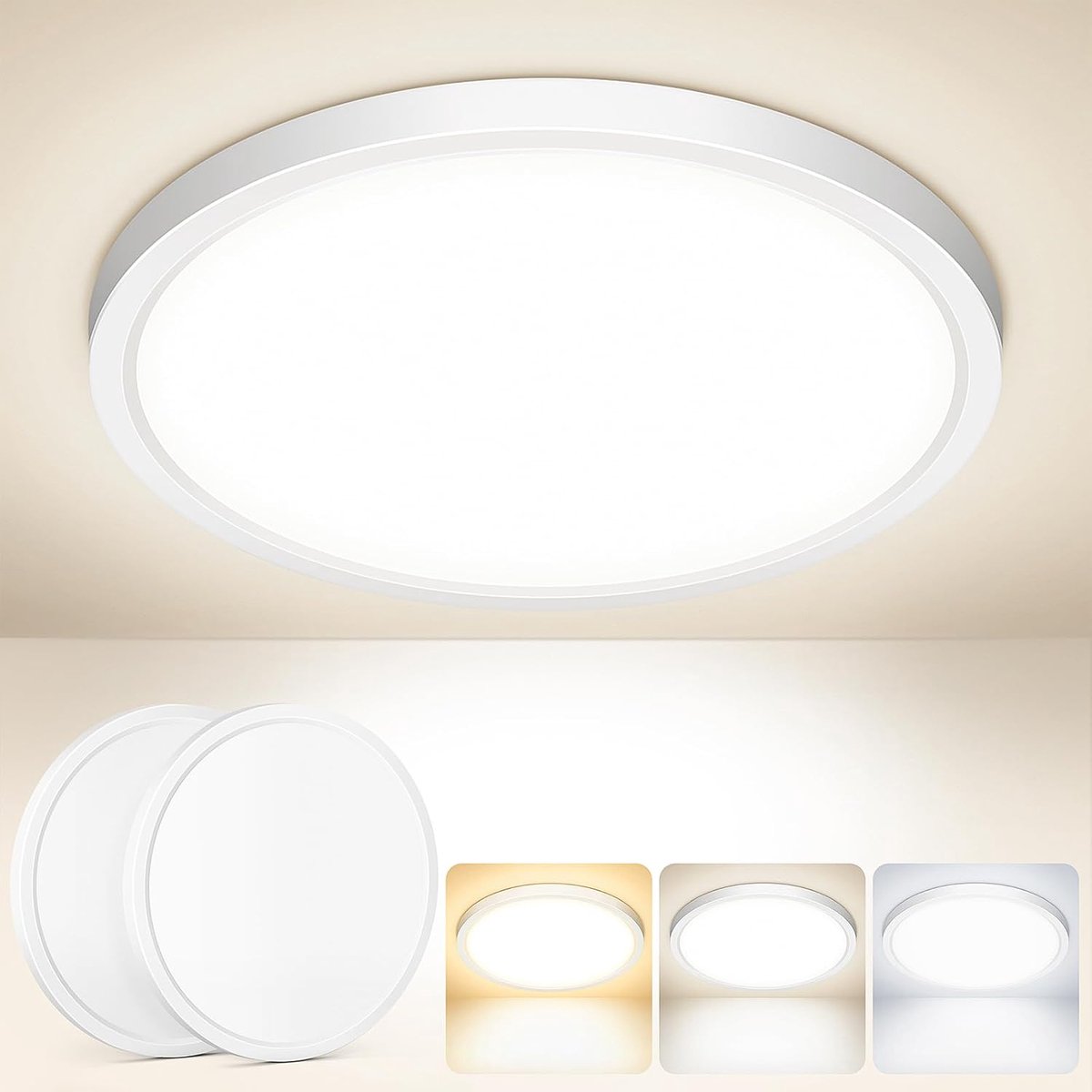 plafondlamp plafondlamp, 3 kleurtemperaturen, Ø18cm, set 2 | 12 W, CRI > 80, flikkervrij, geringe verblinding, IP54, eenvoudige installatie, voor keuken, badkamer, hal