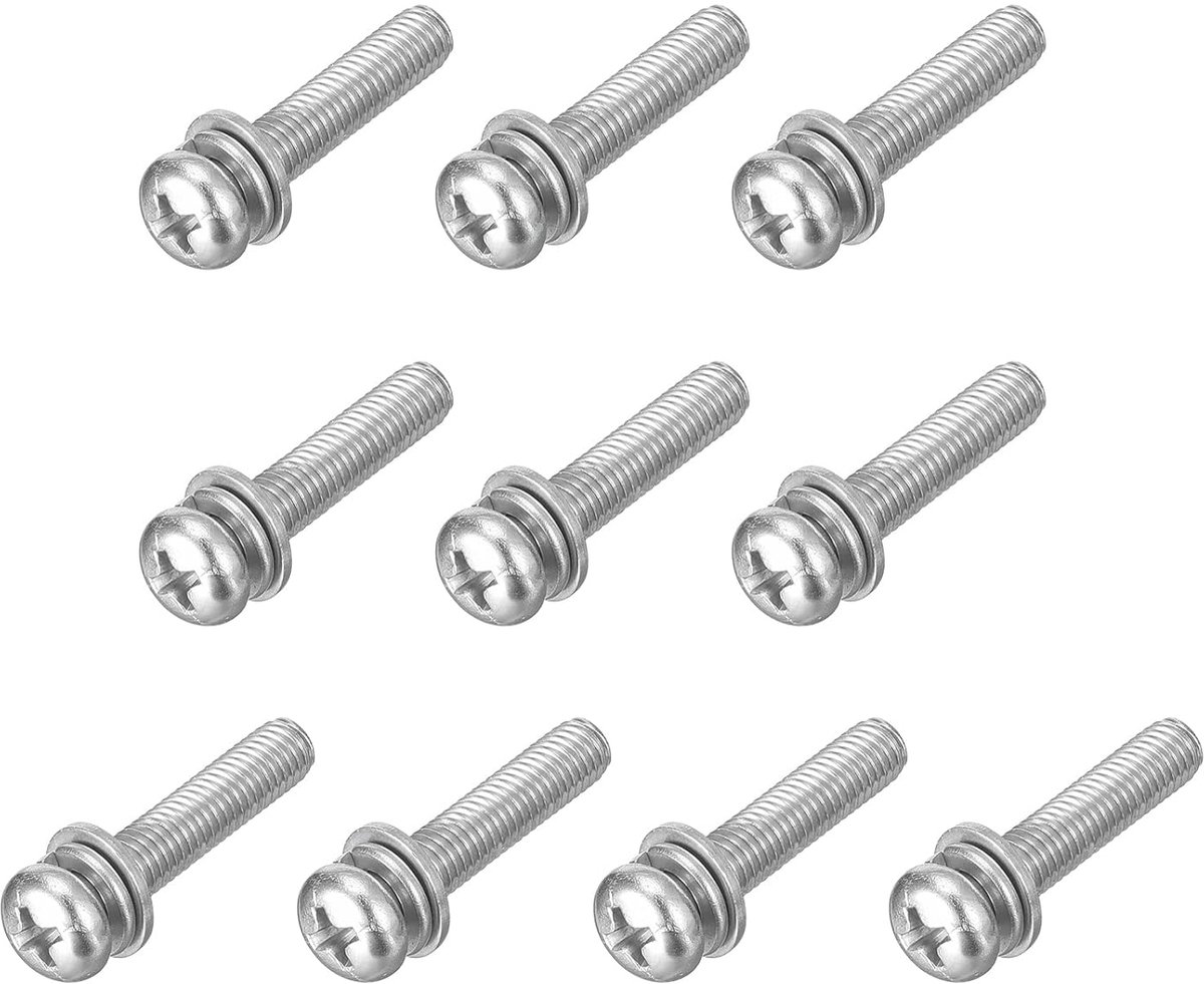 Machineschroeven met verzonken kop, Phillips, M5 x 25 mm, roestvrij staal 304, gecombineerd met veerring en sluitringen, 10 stuks