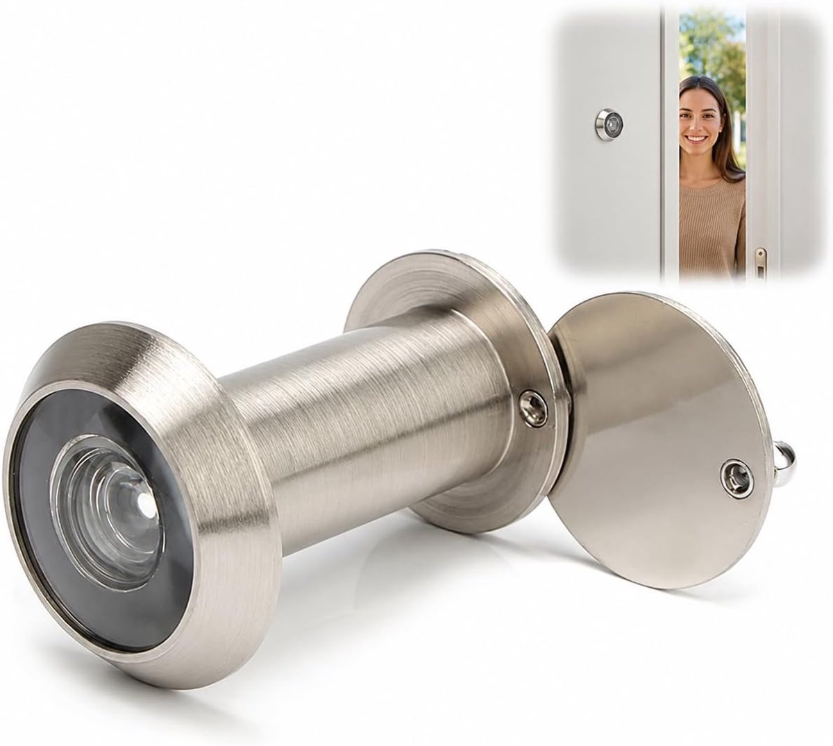 Deurspion Groothoek, Deurkijker Kijkgat, Massief Messing Behuizing en Groothoek HDglazen Lens, 200 Graden Kijkhoek, Boorgat Ø 16 Mm. (Geborsteld Zilver)