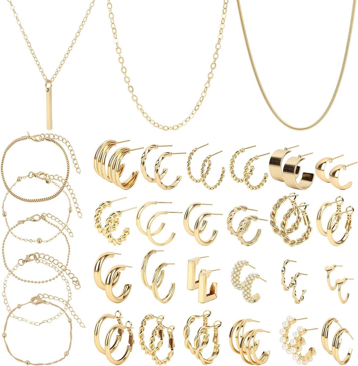 Sieradensets 32 stuks gouden sieradensets voor dames met 3 stuks halsketting 5 armbanden 24 oorbellen waterdicht hypoallergeen gouden sieradenaccessoires meerdere piercings sieraden voor