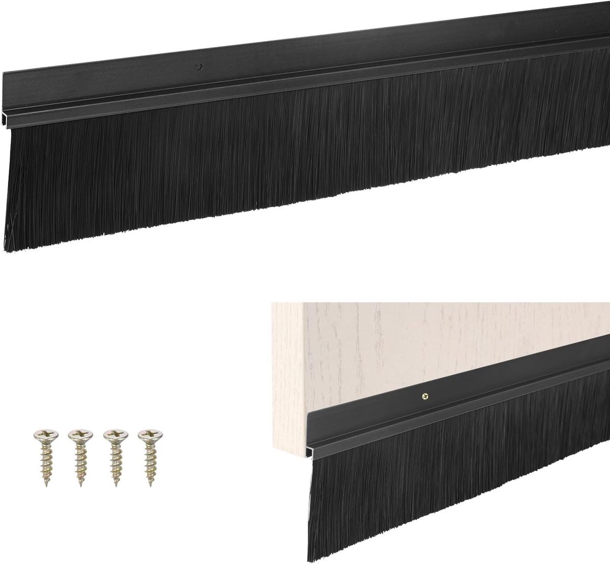 METERXITY Deurborstel bodemveger, 99 cm L x 8,4 cm B H-vorm aluminiumlegering basis met 2,4 inch nylon borstel voor industrieel/thuis/garagedeurafdichting, sterke zelfklevende weerstrippen [zwart]