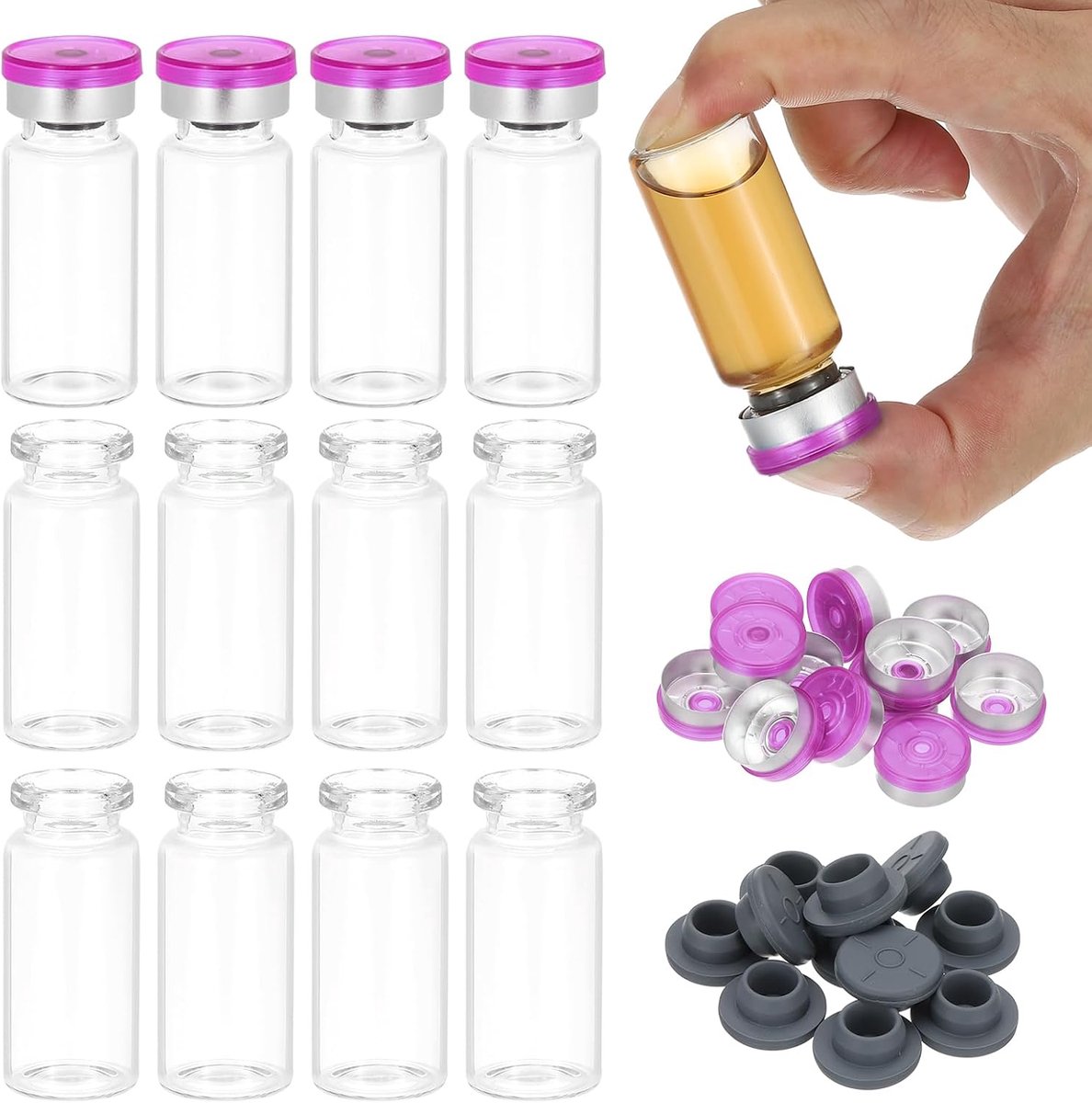 12 stuks 10 ml heldere glazen flesjes met aluminium-kunststof dop en rubberen stop, borosilicaatglas-monsterflesjes voor de opslag van vaste, laboratoriumflesjes, lila-zilveren tint