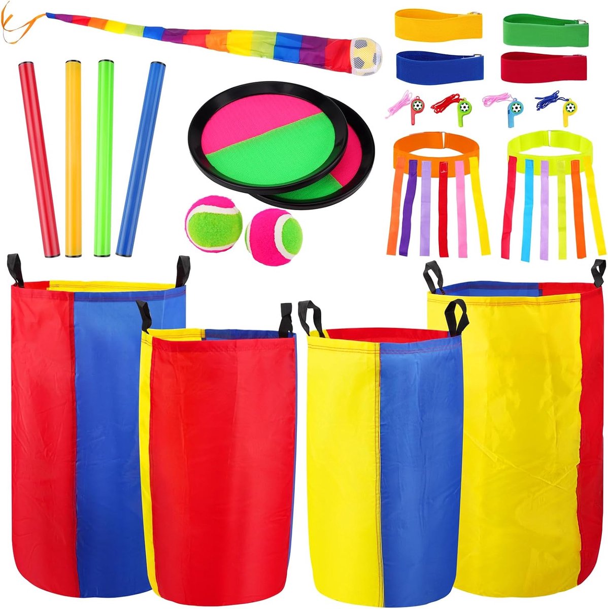 Outdoorspellen voor kinderverjaardag, feestspellen voor volwassenen, klittenbandbalspel, zakspringzakken, staartbal, vangststaartspellen, 3-benen-racen, outdoorspellen, verjaardagsspelletjes