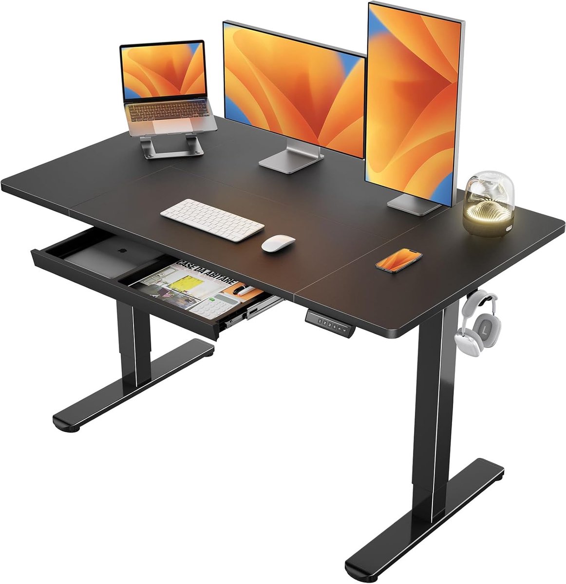 Elektrisch in hoogte verstelbaar bureau, 140 x 80 cm, zwart + laden | Elektrische instelling 72-118 cm, 4 geheugenplaatsen, 80 kg, <55 dB, stabiel, haken en kabeldoorvoer, montageplaat.