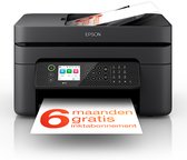 Zwarte Epson WF-2950DWF all-in-one printer met een gekleurd LCD-scherm en papier met een 6 maanden gratis inktabonnement.