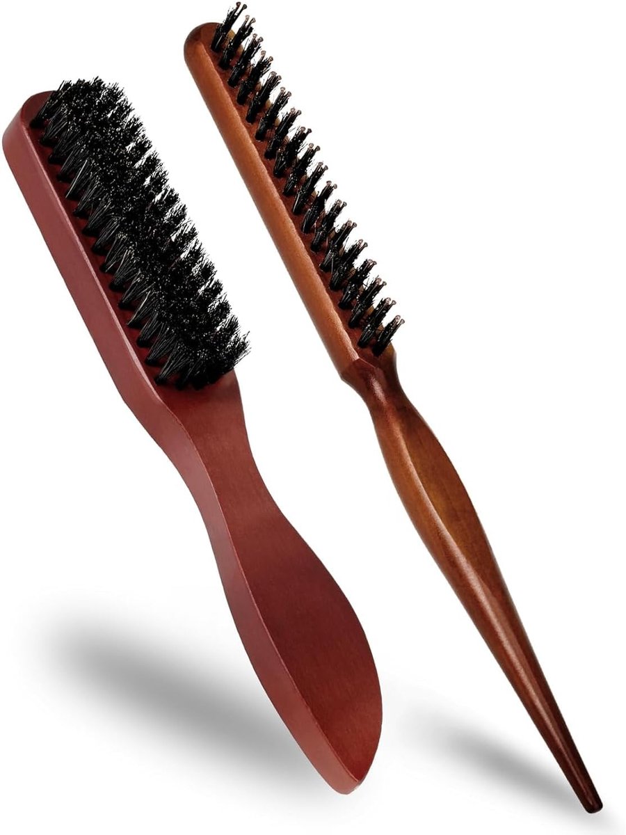 Haarborstel met wilde zwijnenharen, 2 kammen voor gelijmde paardenstaarten, Clean Look Boar Bristle Brush geschikt voor alle soorten kapsels, baard (hout)
