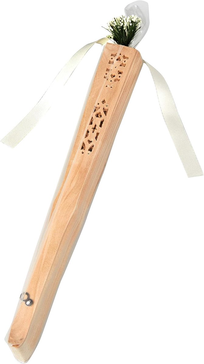 WA801 Die-Cut Natuurhouten ventilator met kwastje en versiering, meerkleurig, 23 cm