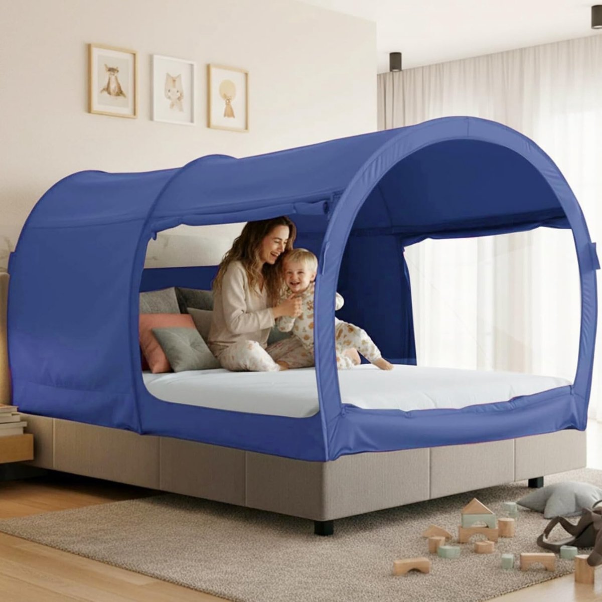 Bedtent, droomtenten, bedluifel, onderdak, hut, privacy, warm, ademend, pop-up, tweepersoons maat voor kinderen en volwassenen, marineblauw (matras niet inbegrepen)