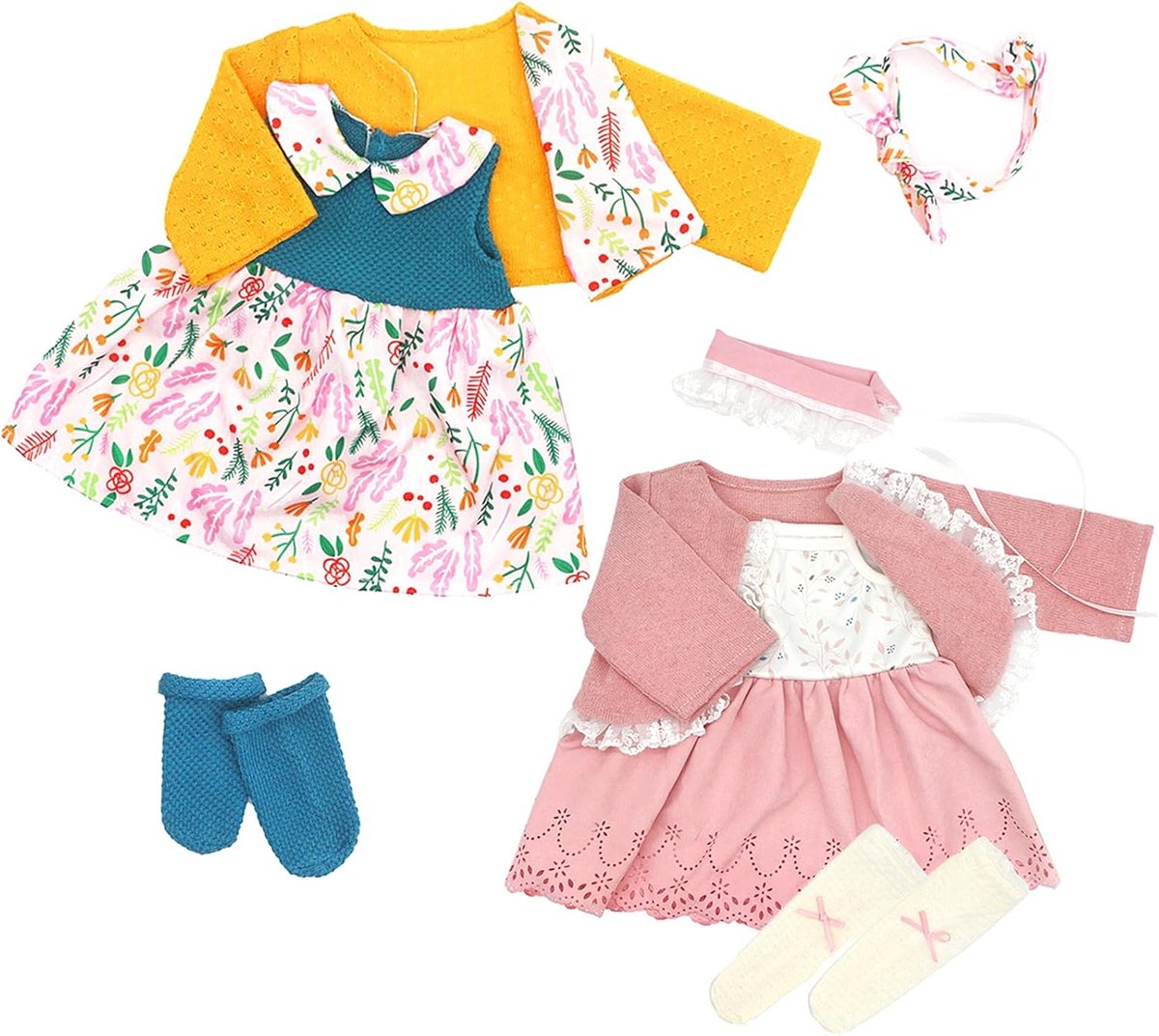 Kleding voor babypoppen van 50-55 cm met hoofdband, mantel, jurk en sokken, 2 verpakkingen