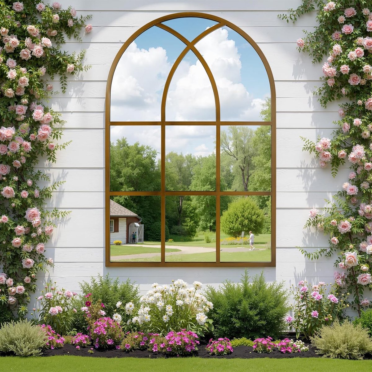 Wandspiegels voor Decor Tuin Buiten, Distressed Gotische Boogspiegel met Aluminium Frame voor Hal, Woonkamer, Slaapkamer, Entree, Brons