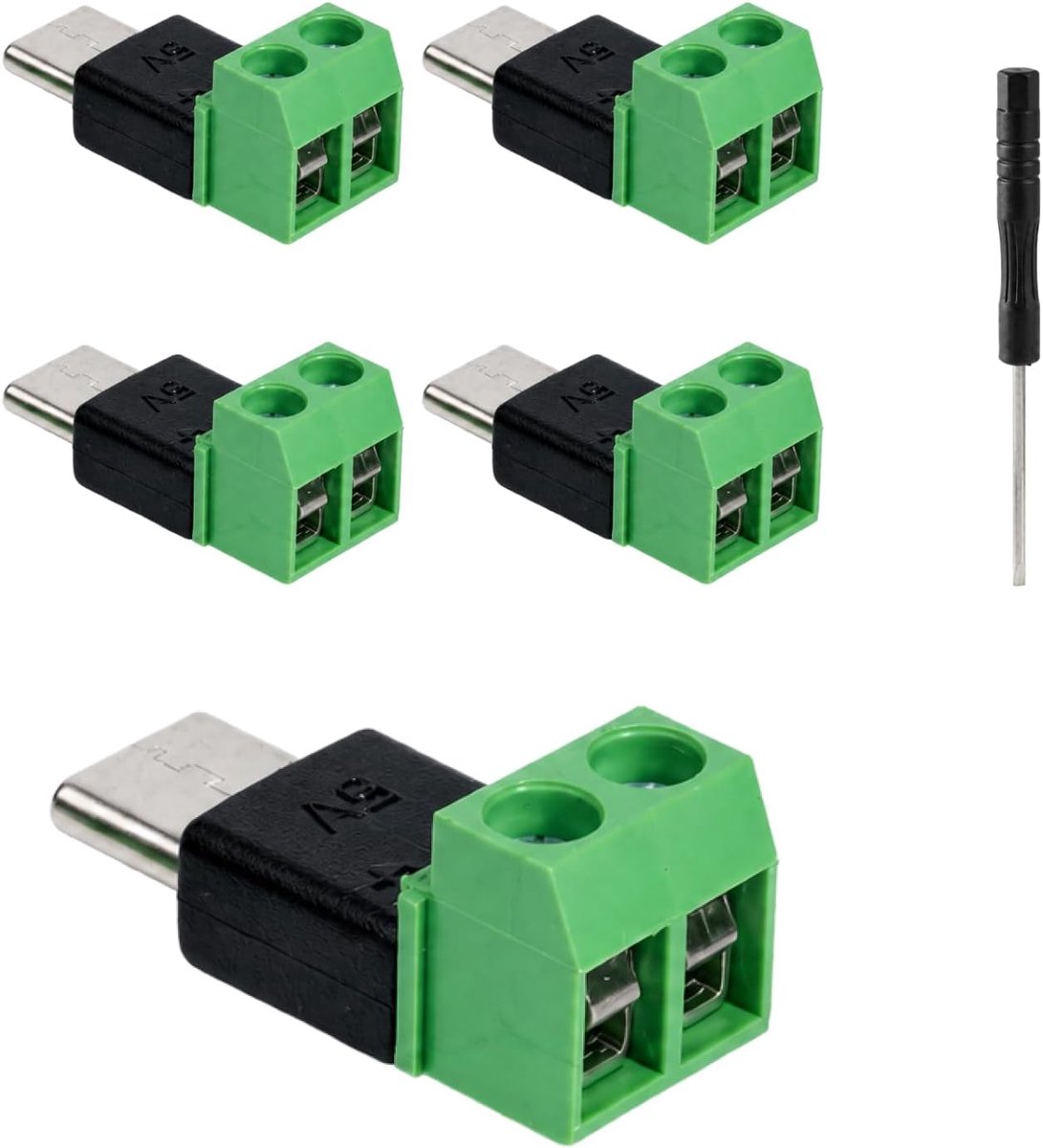 5 stuks USB C-adapter, 2-pins soldeervrije stekker, type C-stekker op 2-polige aansluitklem, 5 V 3 A laadadapter zonder gegevensoverdracht, krimpklemstrip voor mobiele telefoons, tablets, speelgoed en