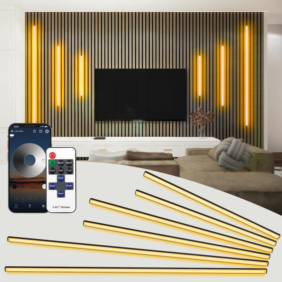 6 leds voor akoestisch paneel, hout, Bluetooth, intelligent, zwart, inbouw, akoestische panelen, strip, 2700 K, warmwit, ledstrip voor houten wandpanelen, muren en kasten (40 cm x 2 + 60 cm x