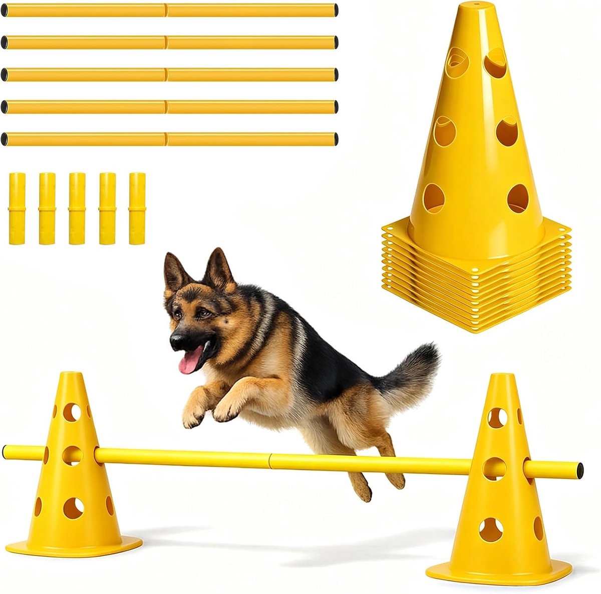Set honden - 10 kegels + 5 stangen, 23 cm hoogte, Cavaletti hond voor coördinatietraining, honden agility set veelzijdig inzetbaar, ook voor hobby paardenparcours