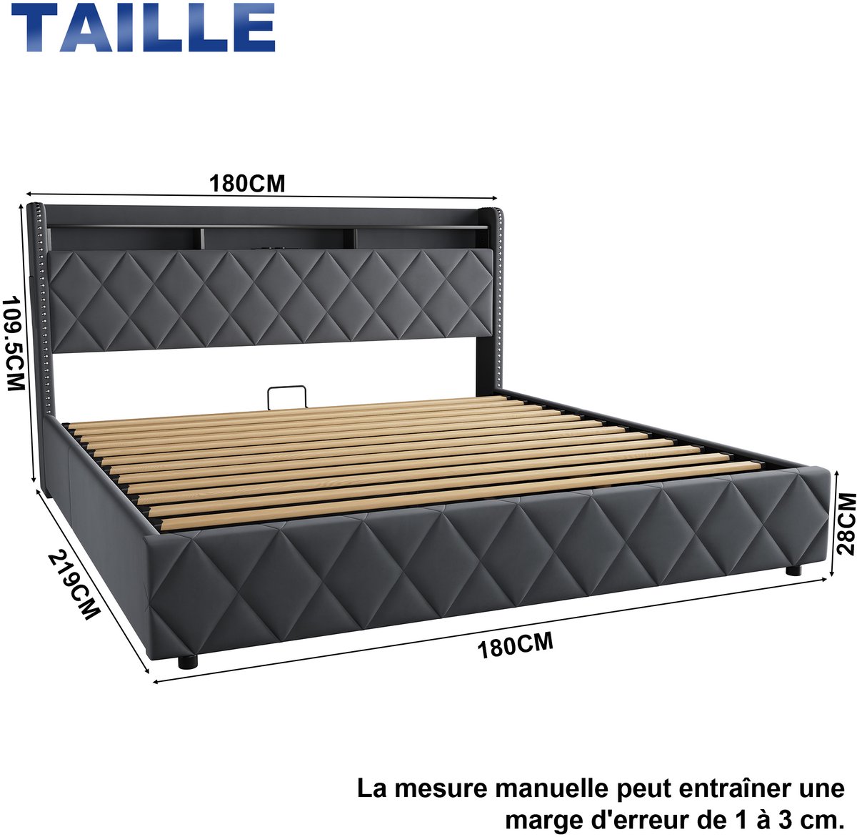 MODFU Gestoffeerd Bed 180x200 cm – 219x180x109,5 cm – Met LED, laadstation & opbergruimte – Grijs fluweel – Incl. lattenbodem